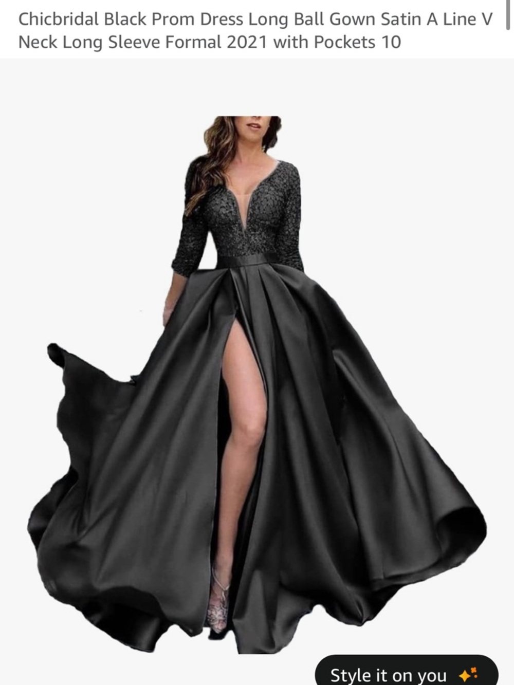 Black Satin Ball Gown with V-Neck and Long Sleeves